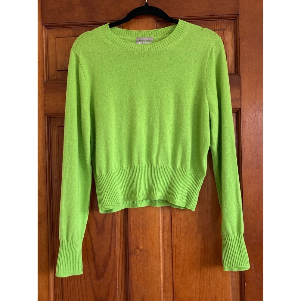 JCrew Womens L Lime Green Chartreuse Cashmere Cropped Fit Sweater Bright Luxury